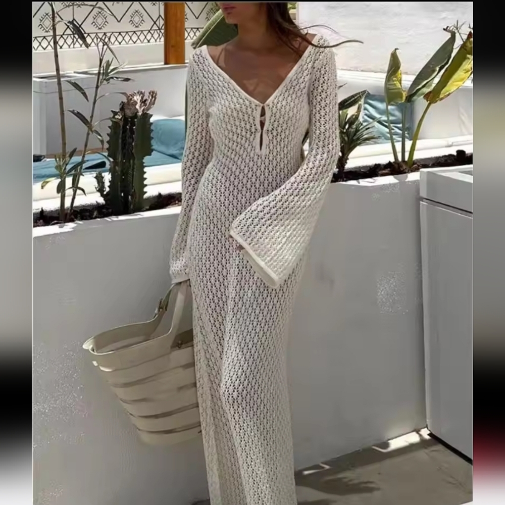 Sexy Women Long Knit Beach Dress Hollow-OutDeep V-Neck Long Sleeve Bikini Cover